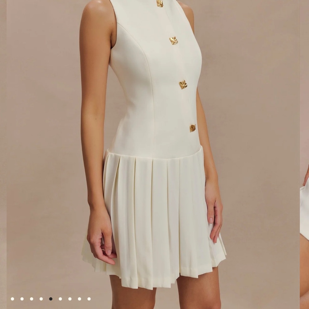 Meshki Ivory Pleated Mini Dress with Gold Buttons - Picture 2 of 6